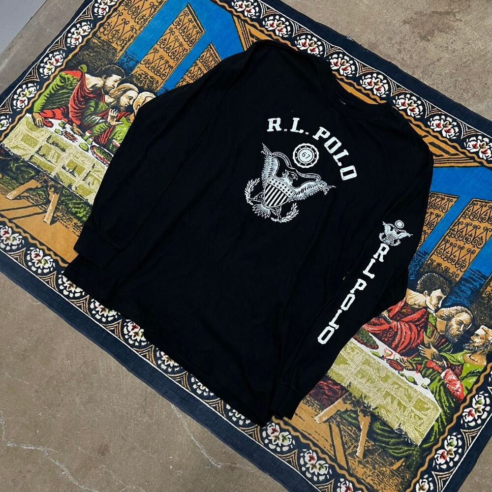 Polo Ralph Lauren Men's Black and White T-shirt Long Sleeve Americana y2k Skater - Picture 2 of 6